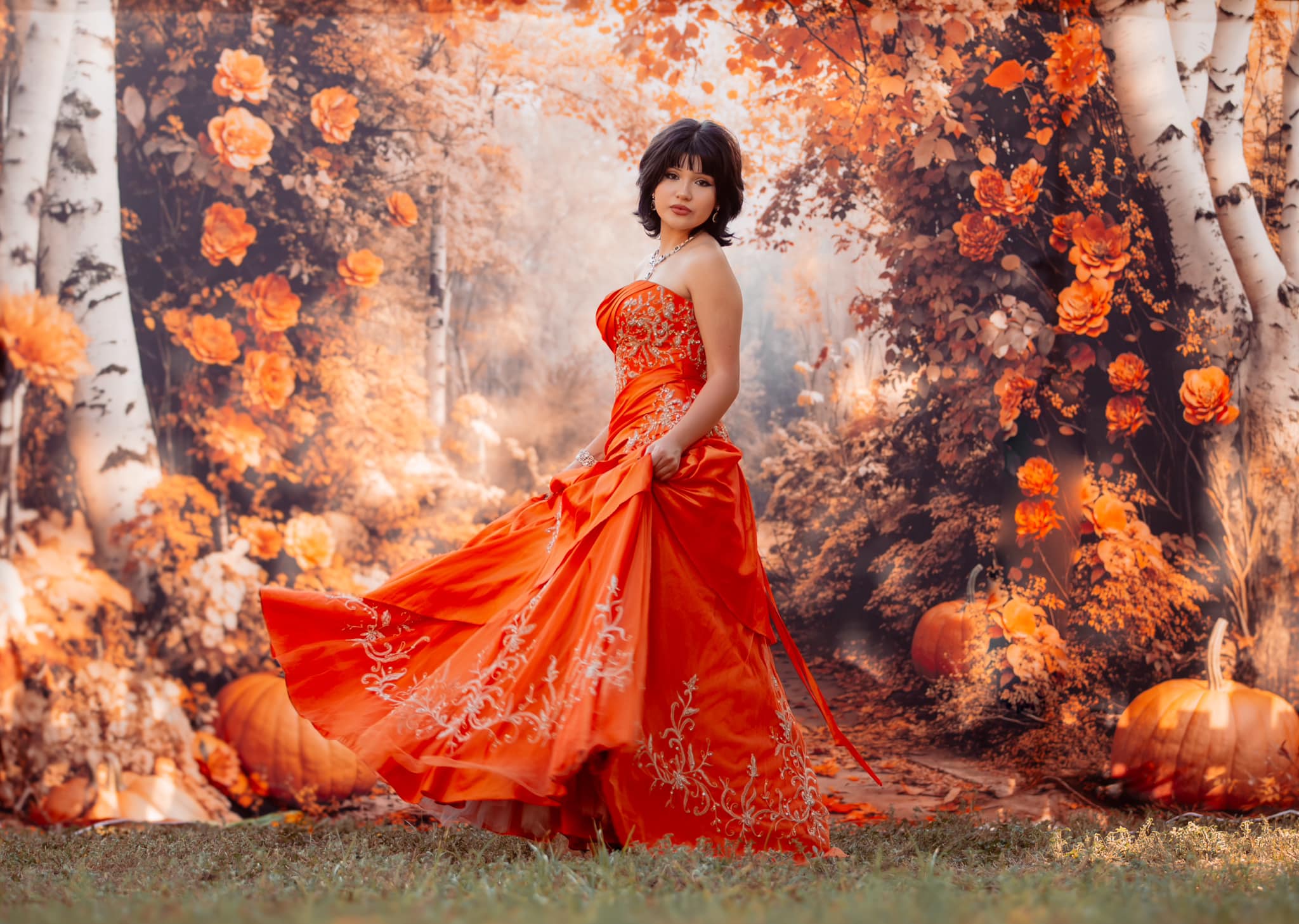 Kate Autumn Maple Forest Flowers Pumpkin Backdrop Designed by Emetselch -UK