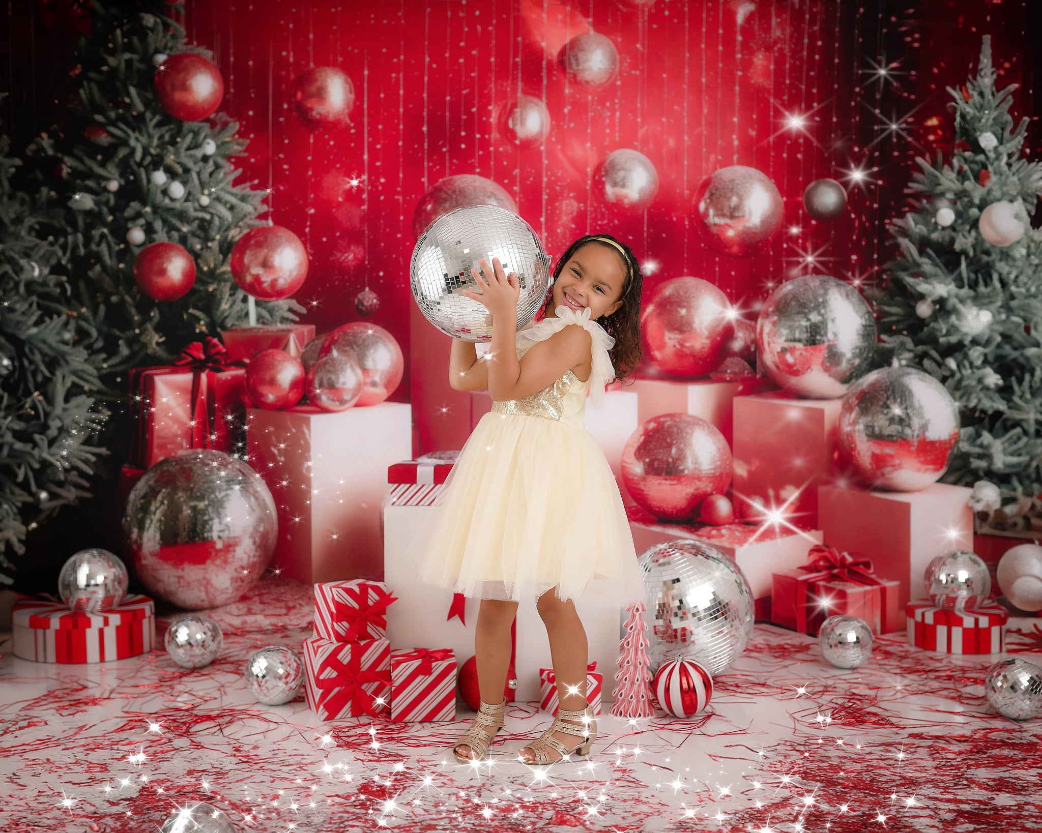 Lightning Deals Kate Christmas Disco Silver Ball Red Wall Backdrop Designed by Mini MakeBelieve -UK