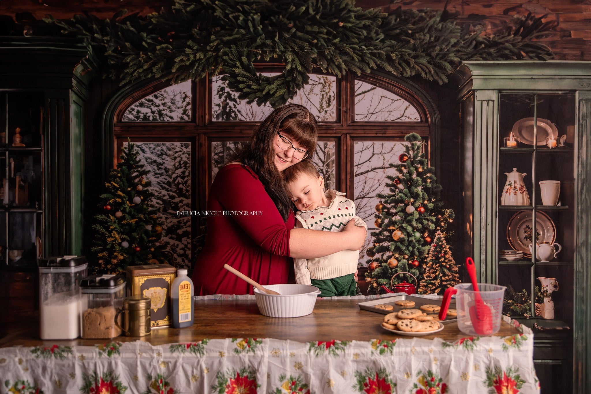 Kate Dark Green Retro Christmas Kitchen Backdrop Designed by Emetselch