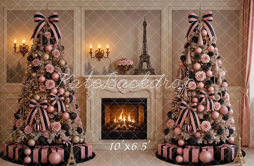 Kate Christmas Trees Fireplace Parisian Decor Backdrop Designed by Ashley Paul