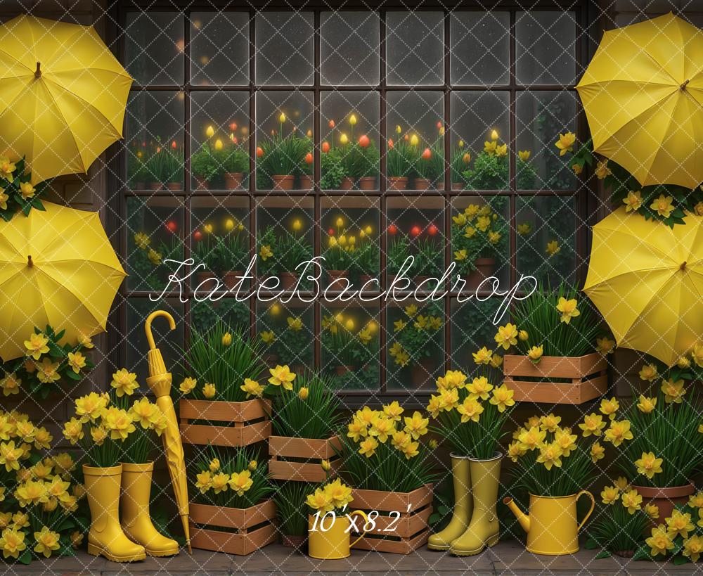 Kate Yellow Umbrellas Daffodils Window Crates Backdrop Designed by Mini MakeBelieve -UK