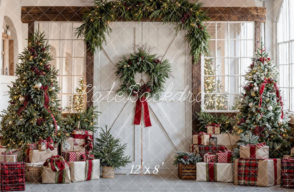 Kate Christmas Trees Garland Presents Rustic Door Backdrop Designed by Emetselch