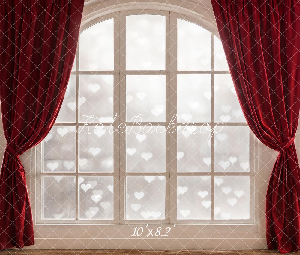 Kate Window Red Curtains Heart Pattern Fleece Backdrop Designed by Emetselch