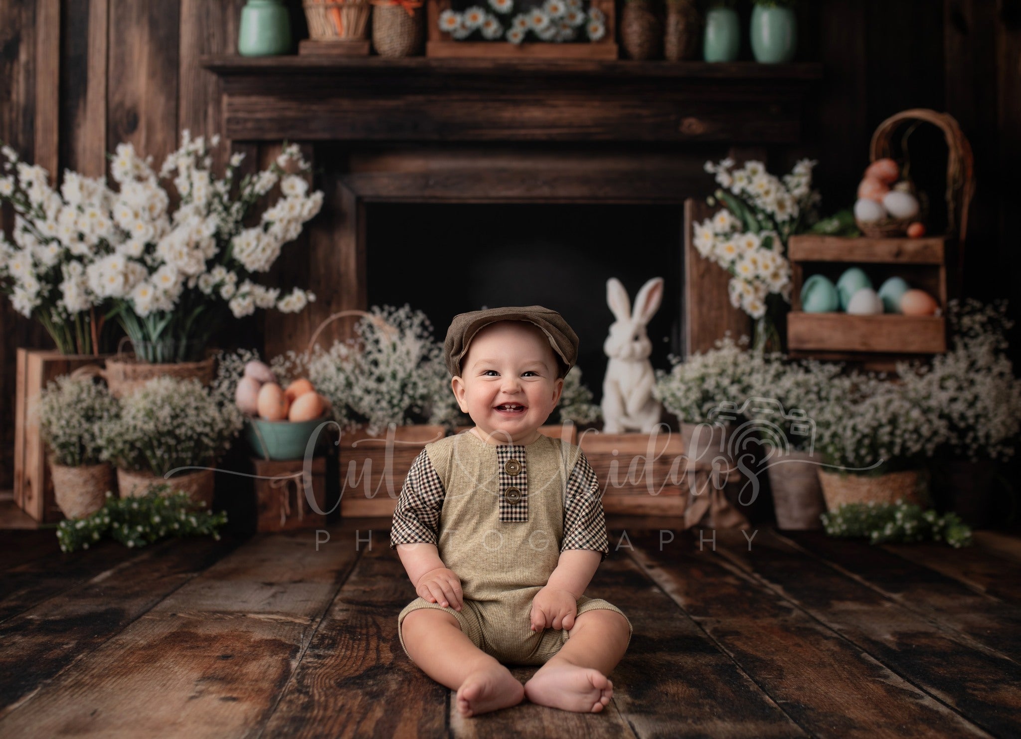 Kate Easter Fireplace Bunny Rustic Floral Backdrop Designed by Emetselch -UK