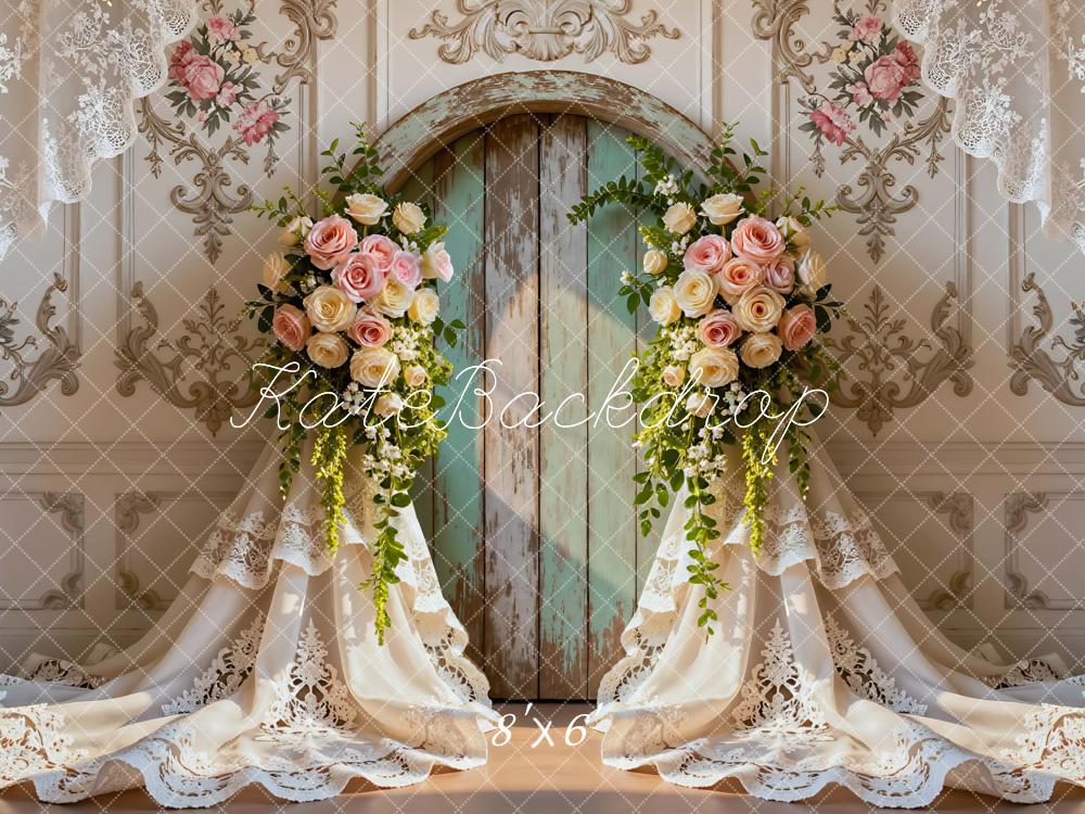Kate Wedding Roses Rustic Door Lace Curtains Backdrop Designed by Mini MakeBelieve -UK