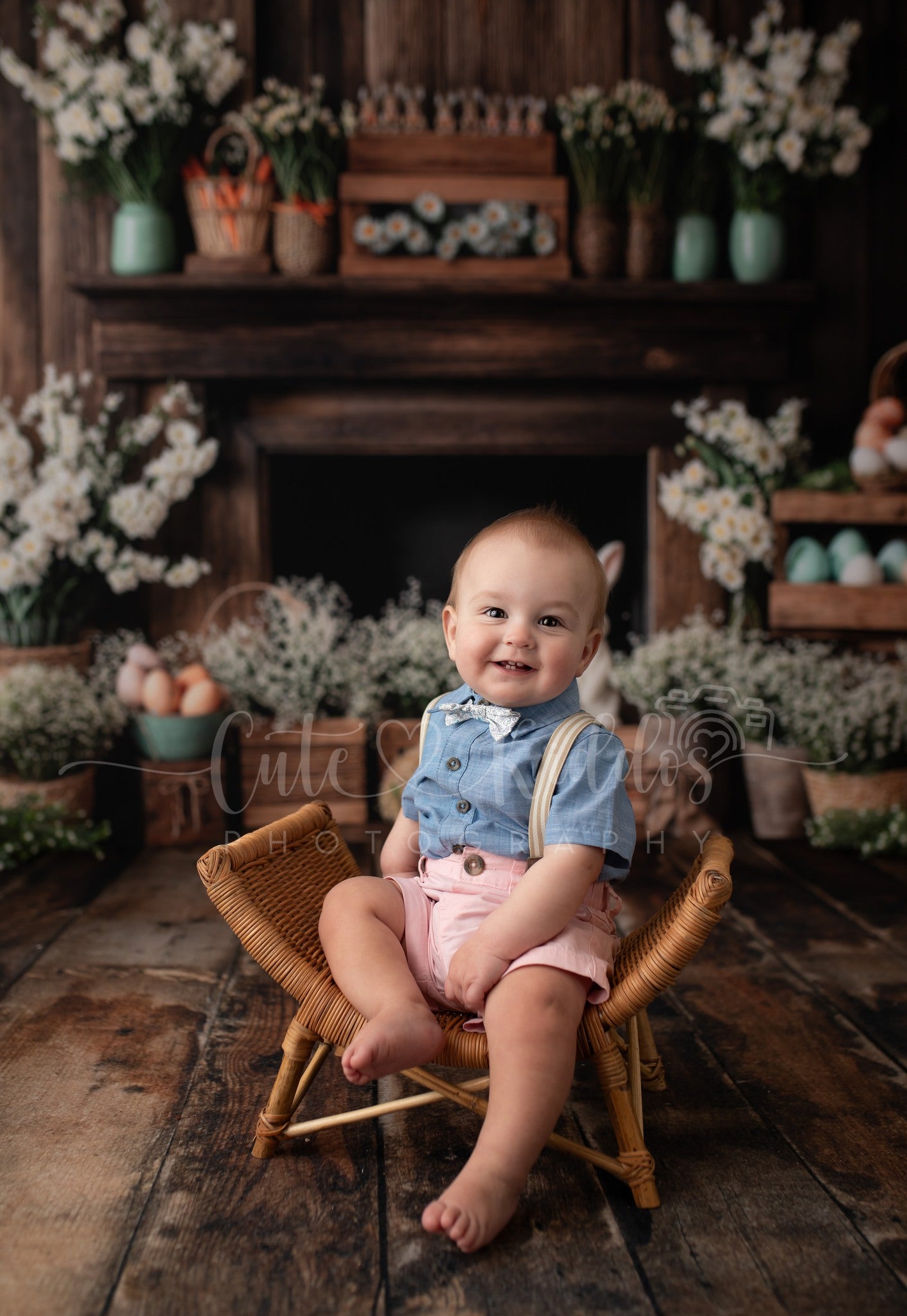 Kate Easter Fireplace Bunny Rustic Floral Backdrop Designed by Emetselch -UK