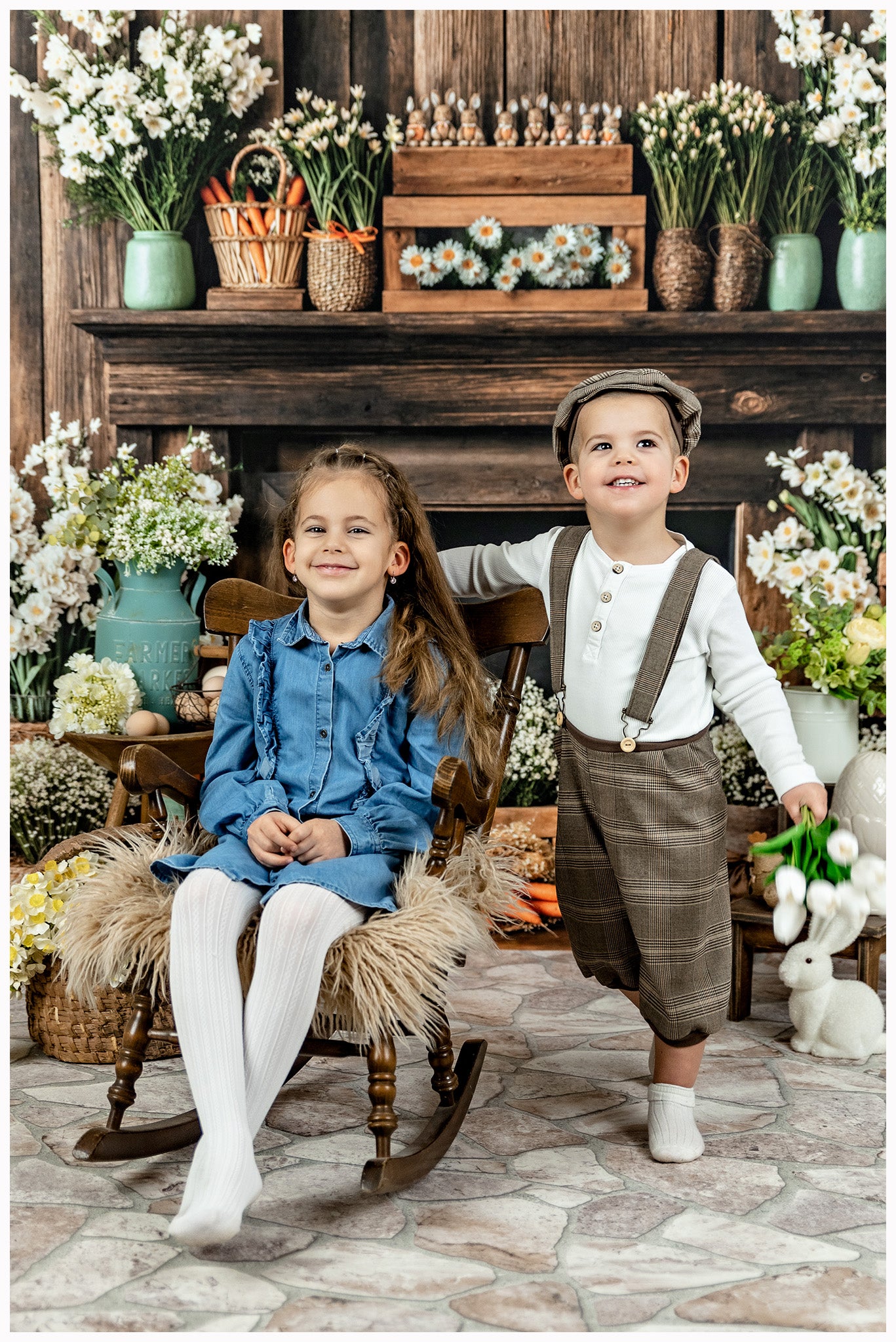 Kate Easter Fireplace Bunny Rustic Floral Backdrop Designed by Emetselch -UK