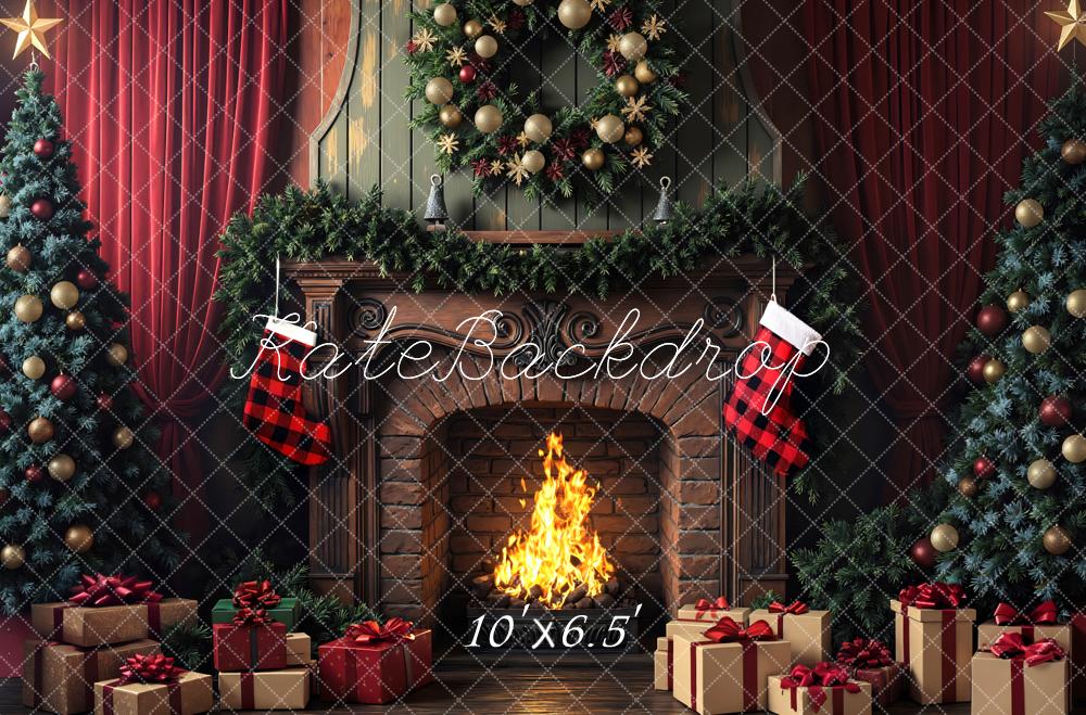 Kate Christmas Fireplace Wreath Stockings Trees Backdrop Designed by Mini MakeBelieve -UK