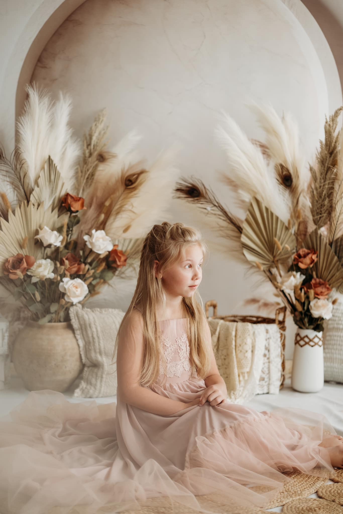 Kate Boho Arch Pampas Grass Backdrop+Neutral Abstract Texture Beige Floor Backdrop -UK