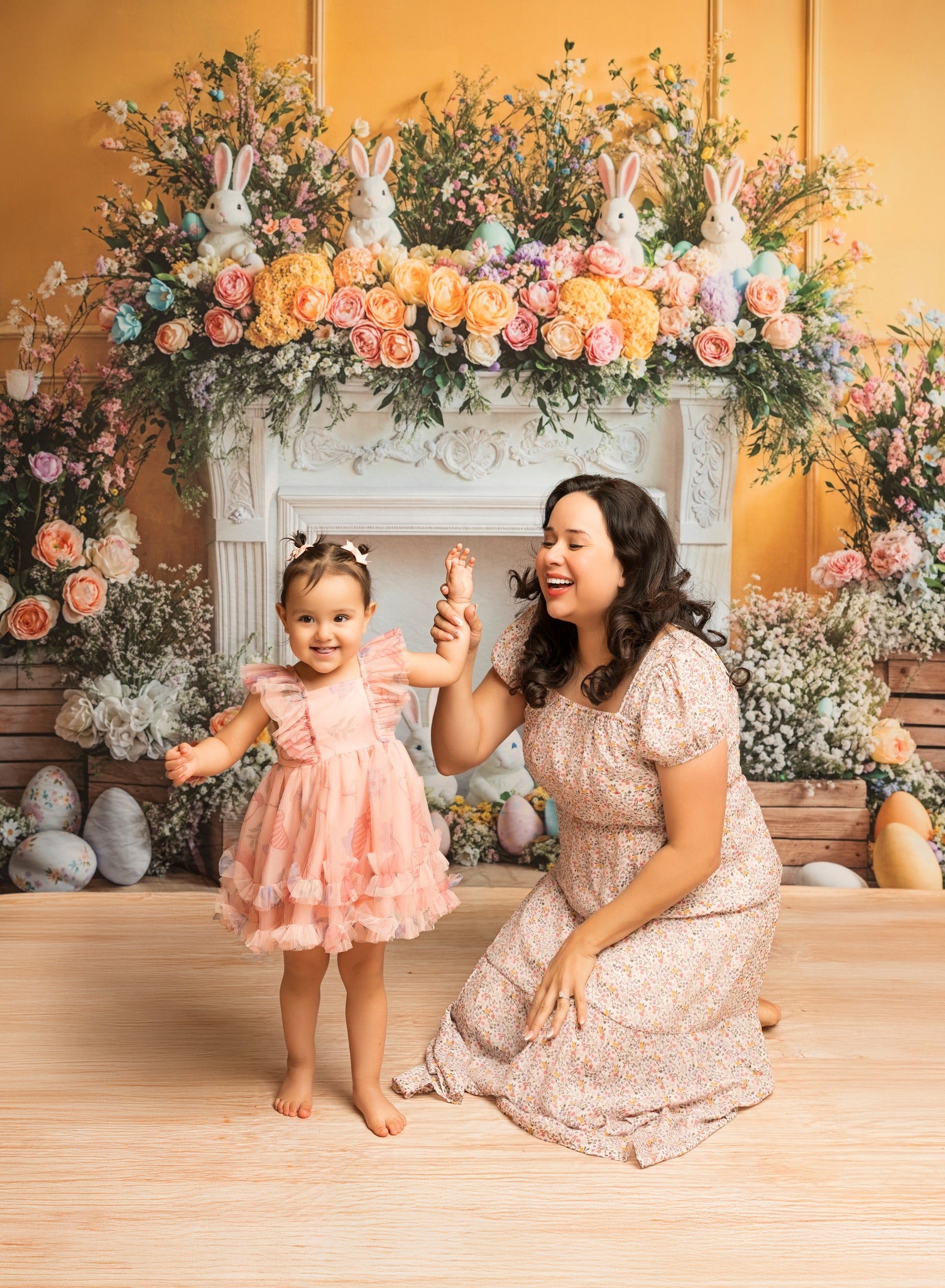 Kate Easter Bunny Flower Fireplace Yellow Backdrop Designed by Emetselch -UK