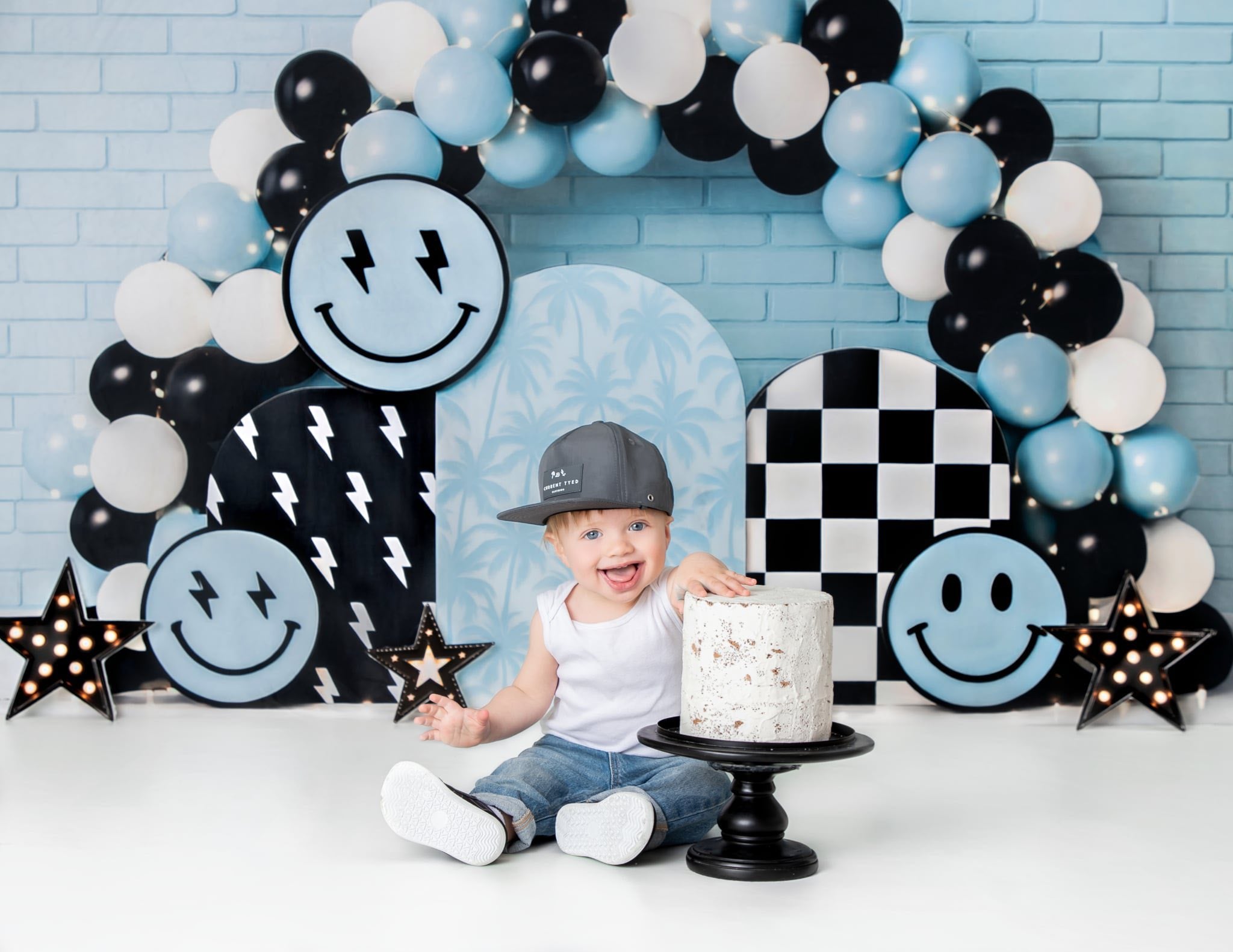 Kate Cake Smash Smiley Blue Balloon Arch Backdrop Designed by Ashley Paul
