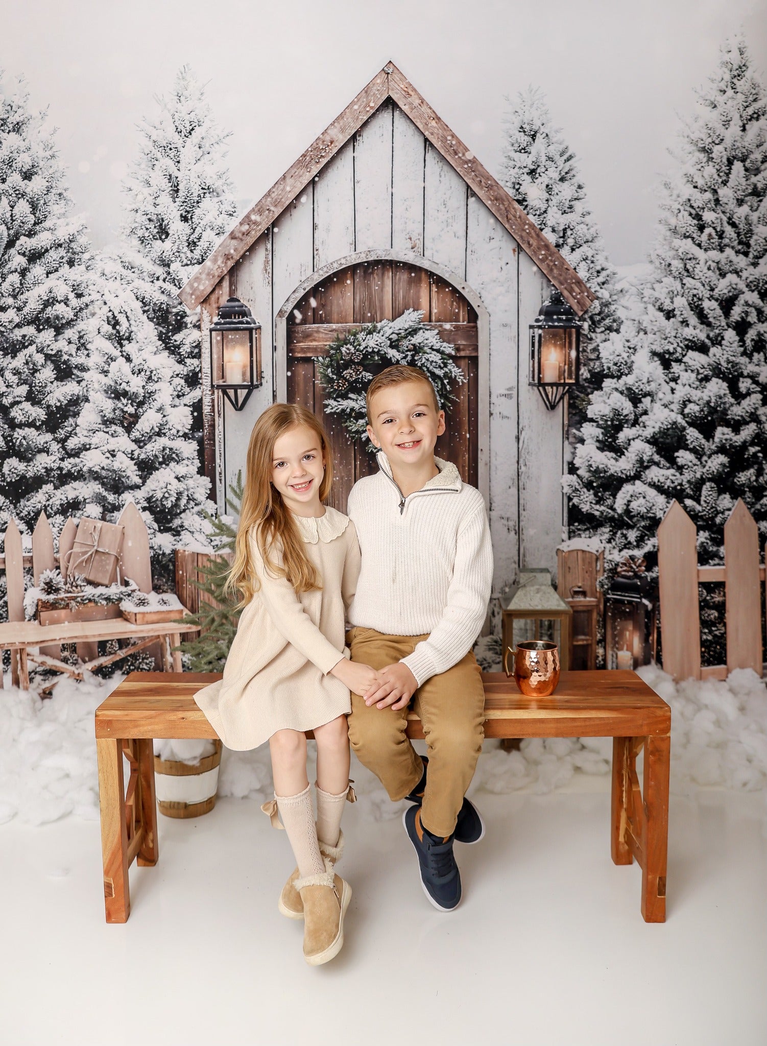 Kate Christmas Winter Cabin Snowy Fence Backdrop Designed by Emetselch