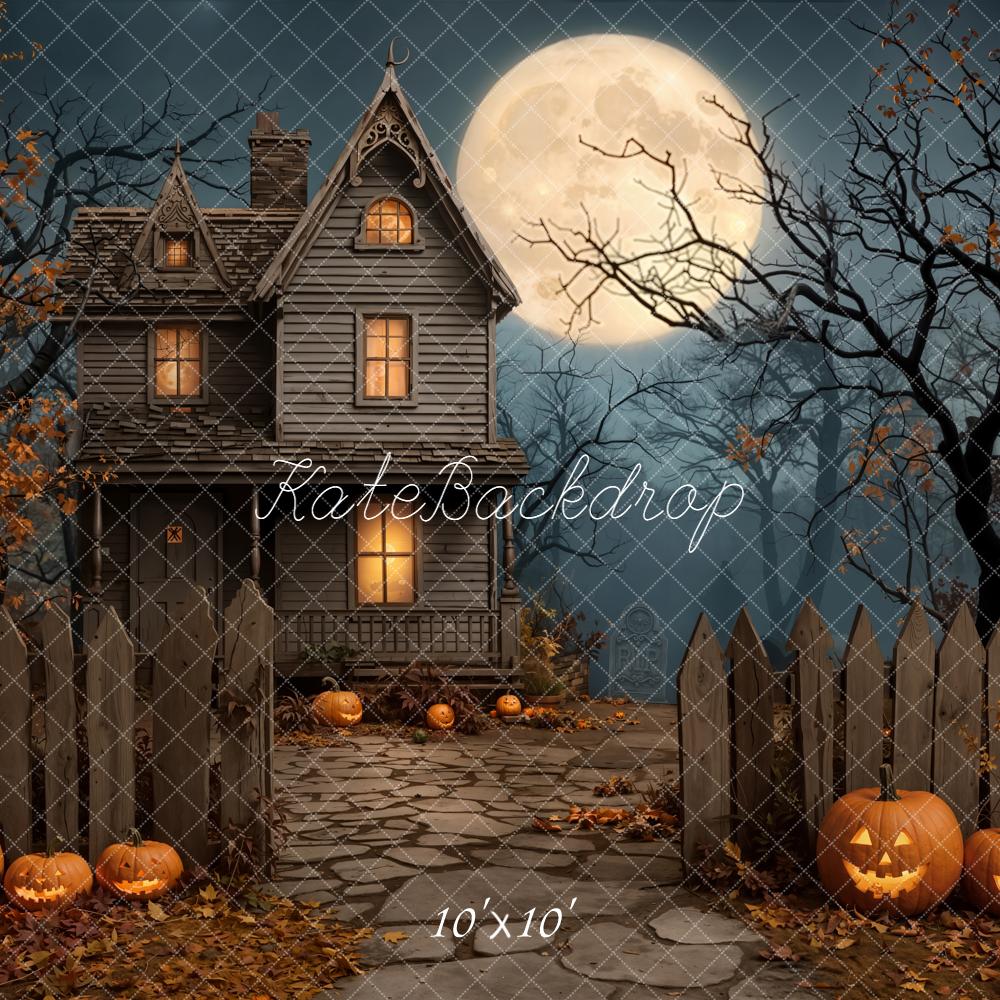Kate Halloween House Pumpkins Moon Night Backdrop Designed by Emetselch -UK