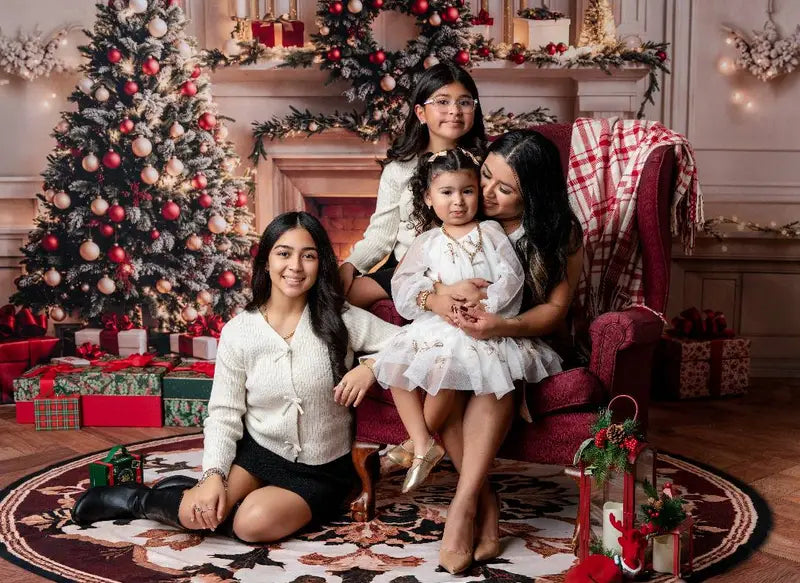 Kate Christmas Tree Fireplace Backdrop+Round Retro Floral Rug Floor Backdrop