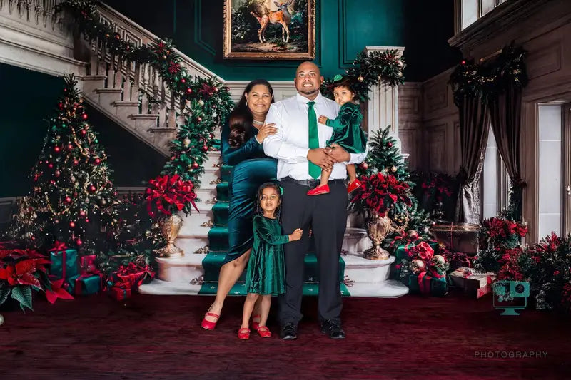 Kate Christmas Retro Green Staircase Backdrop Designed by Chain Photography