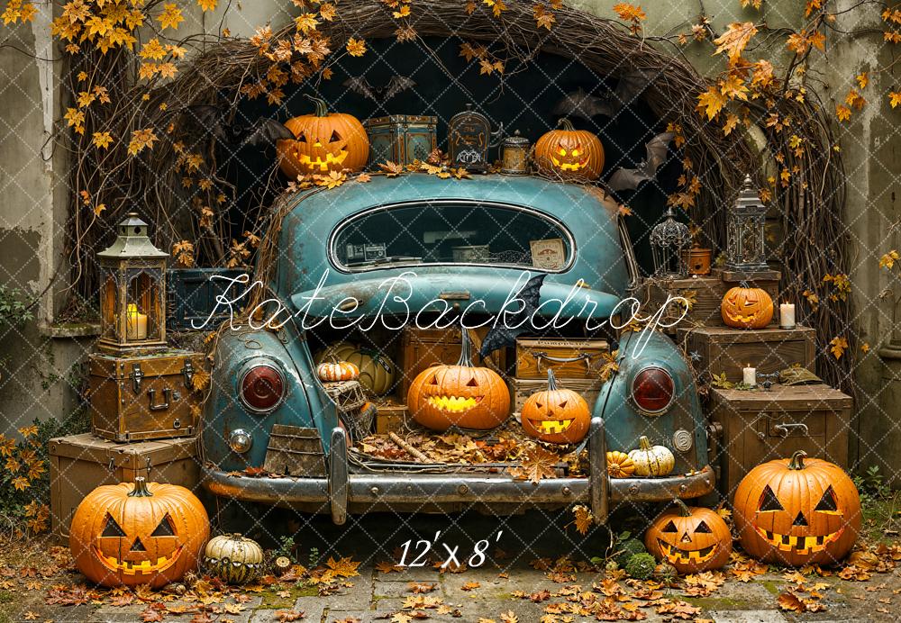 Kate Halloween Car Pumpkins Autumn Leaves Fleece Backdrop Designed by Emetselch -UK