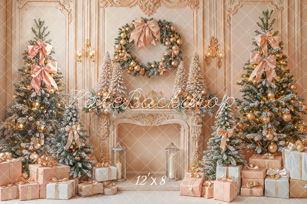 Kate Christmas Pink Gold Trees Fireplace Gifts Fleece Backdrop Designed by Emetselch