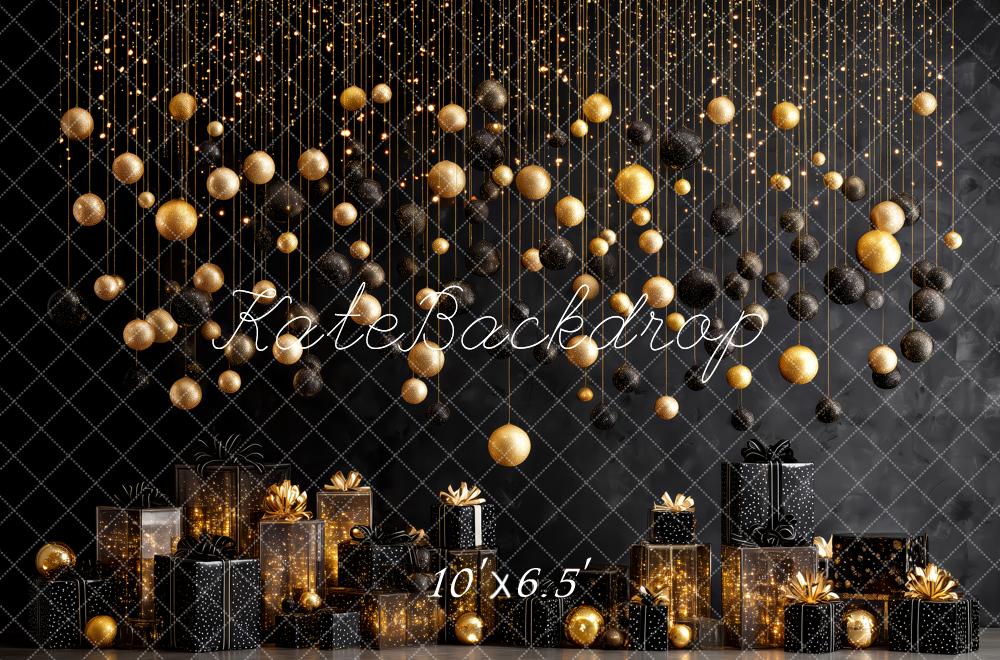 Kate Christmas Gold Black Baubles Presents Backdrop Designed by Patty Robert