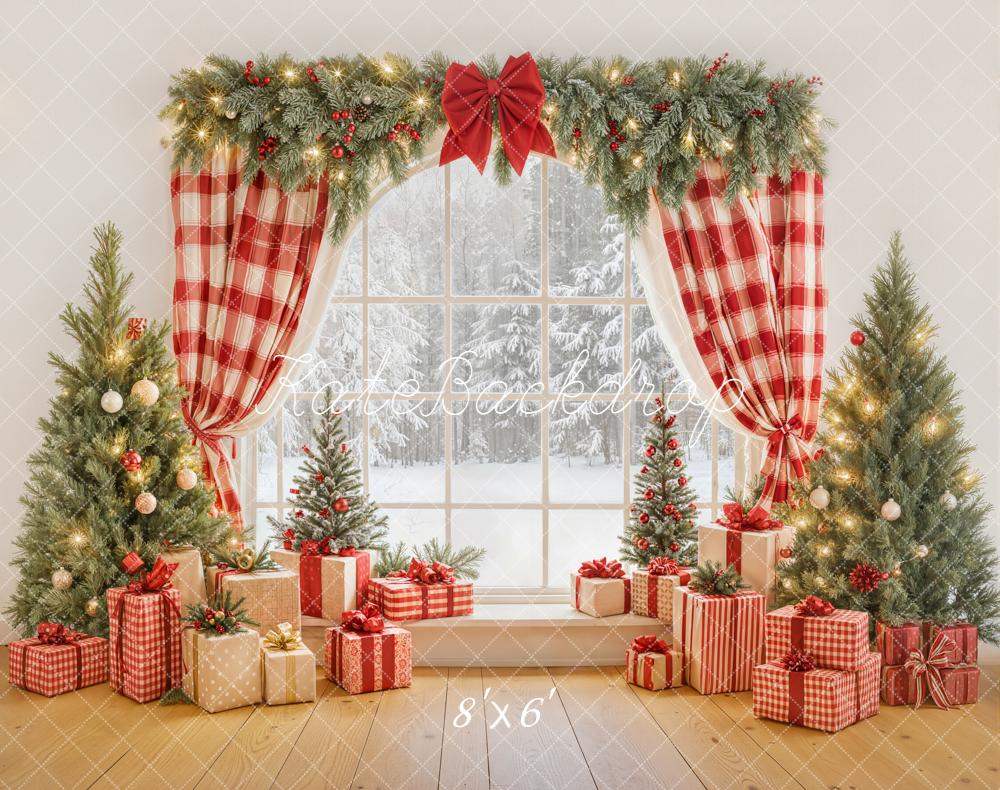 Kate Christmas Window Red Plaid Curtains Presents Fleece Backdrop Designed by Emetselch -UK