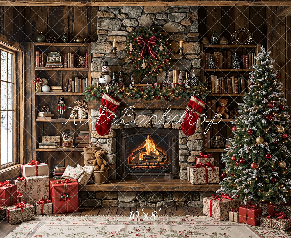 Kate Christmas Fireplace Tree Rustic Fleece Backdrop Designed by Emetselch