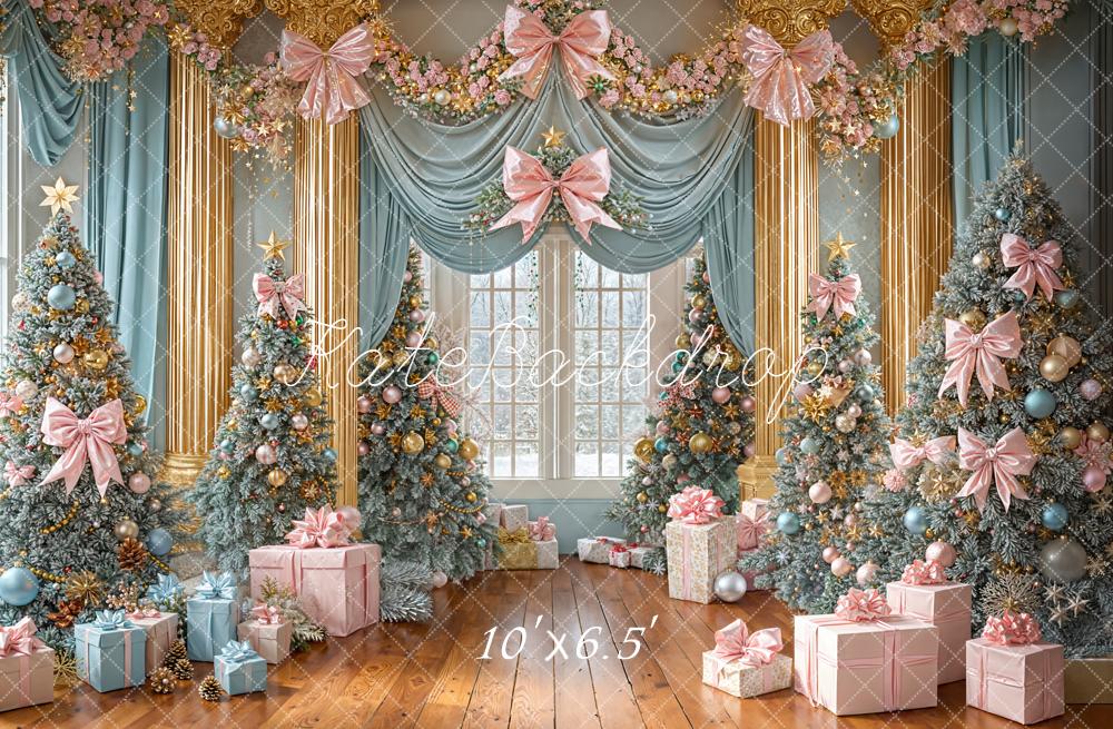 Kate Christmas Pink Blue Trees Presents Fleece Backdrop Designed by Emetselch -UK