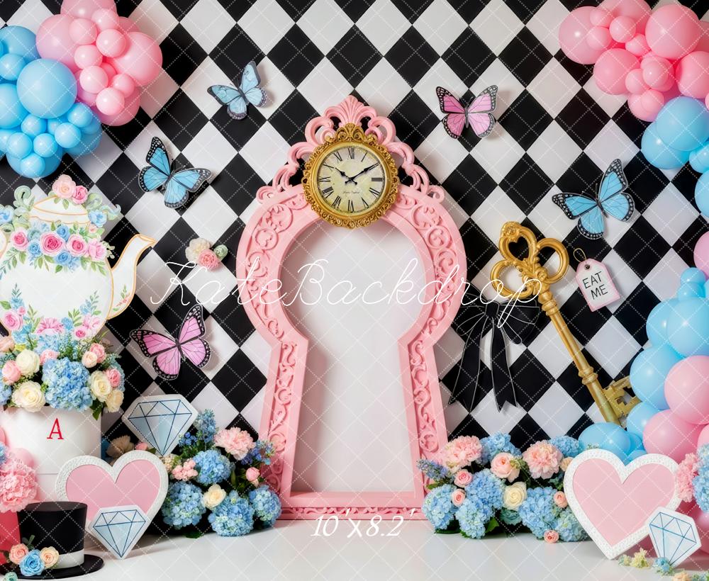 Kate Fantasy Clock Teapot Butterflies Balloons Backdrop Designed by Patty Robert