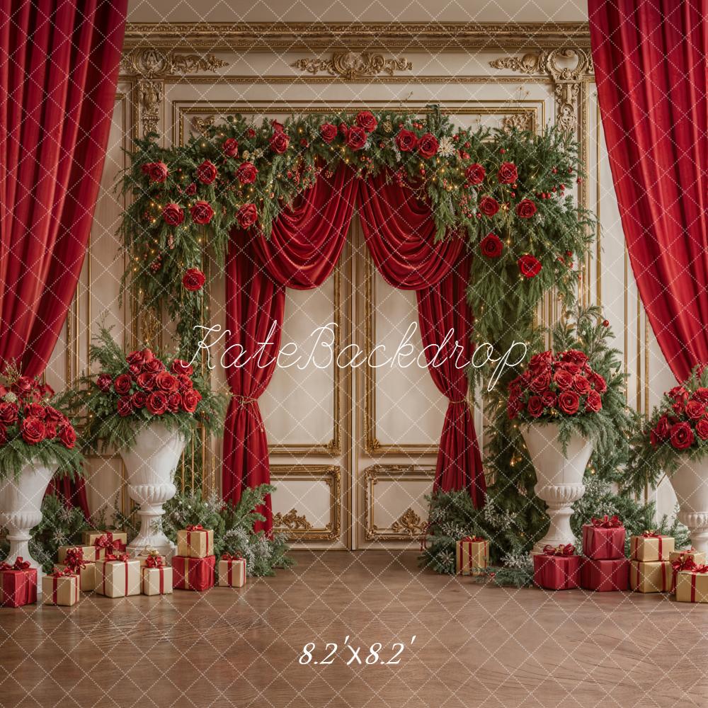 Kate Christmas Red Curtains Roses Gifts Backdrop Designed by Emetselch