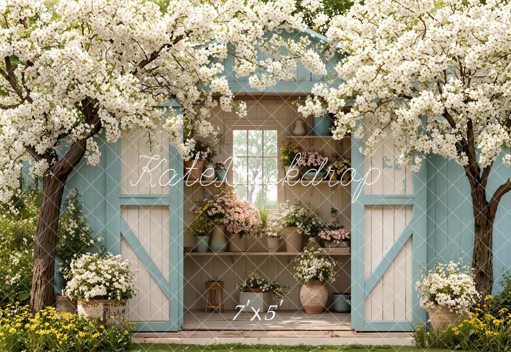 Kate Spring Flowering Trees Blue Shed Backdrop Designed by Emetselch -UK