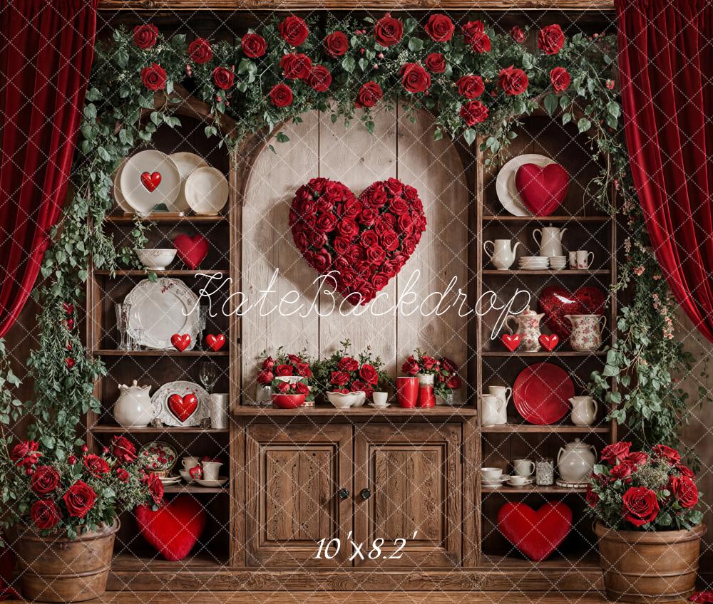 Kate Valentine Roses Heart Shelves Red Curtains Fleece Backdrop Designed by Emetselch