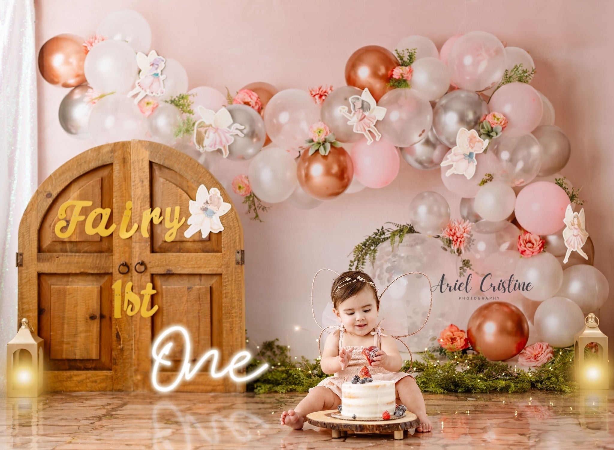Kate Pink White Rose Gold Balloon Arch Backdrop Designed by Mandy Ringe Photography -UK