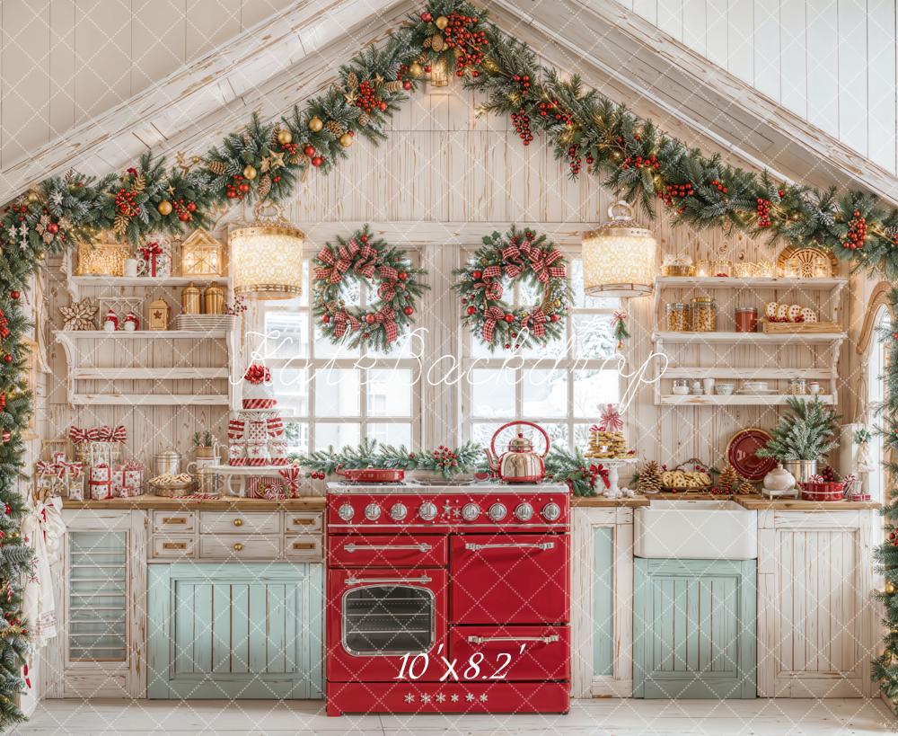 Kate Christmas Kitchen Wreaths Garland Presents Backdrop Designed by Emetselch