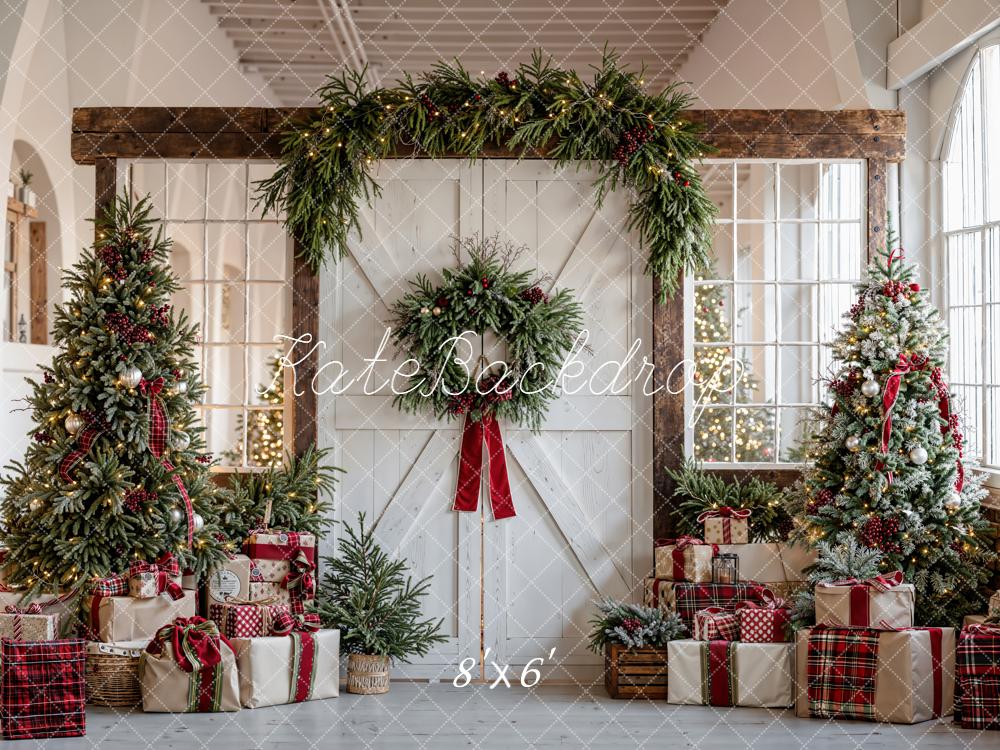 Kate Christmas Trees Garland Presents Rustic Door Backdrop Designed by Emetselch