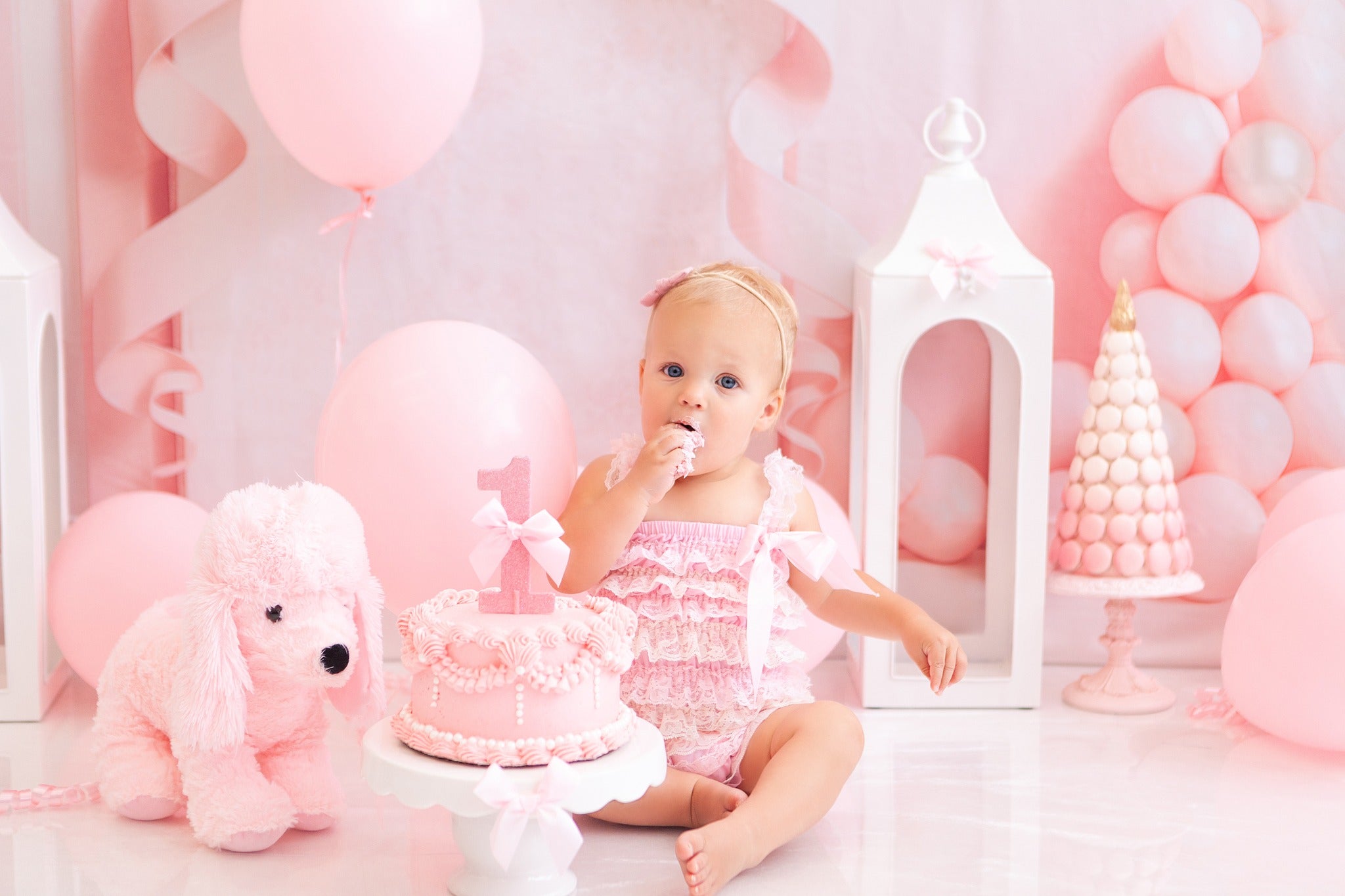 Kate Cake Smash Bow Pink Balloon Arch Backdrop Designed by Ashley Paul