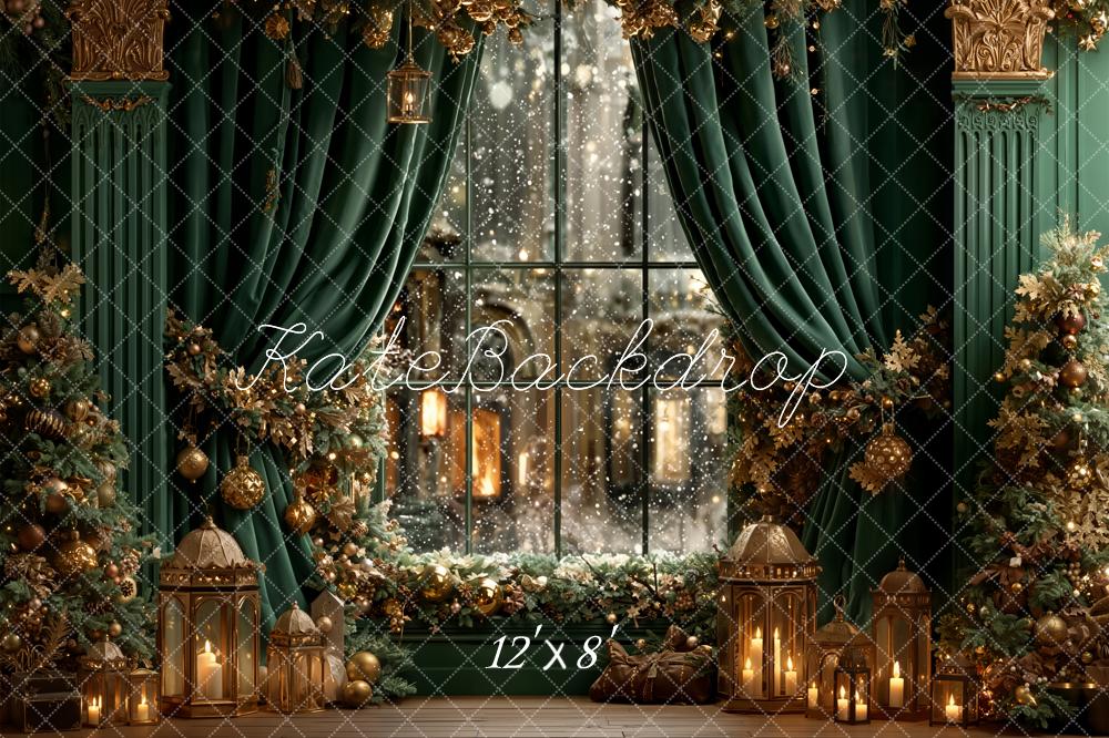 Kate Christmas Window Green Curtains Fleece Backdrop Designed by Emetselch -UK