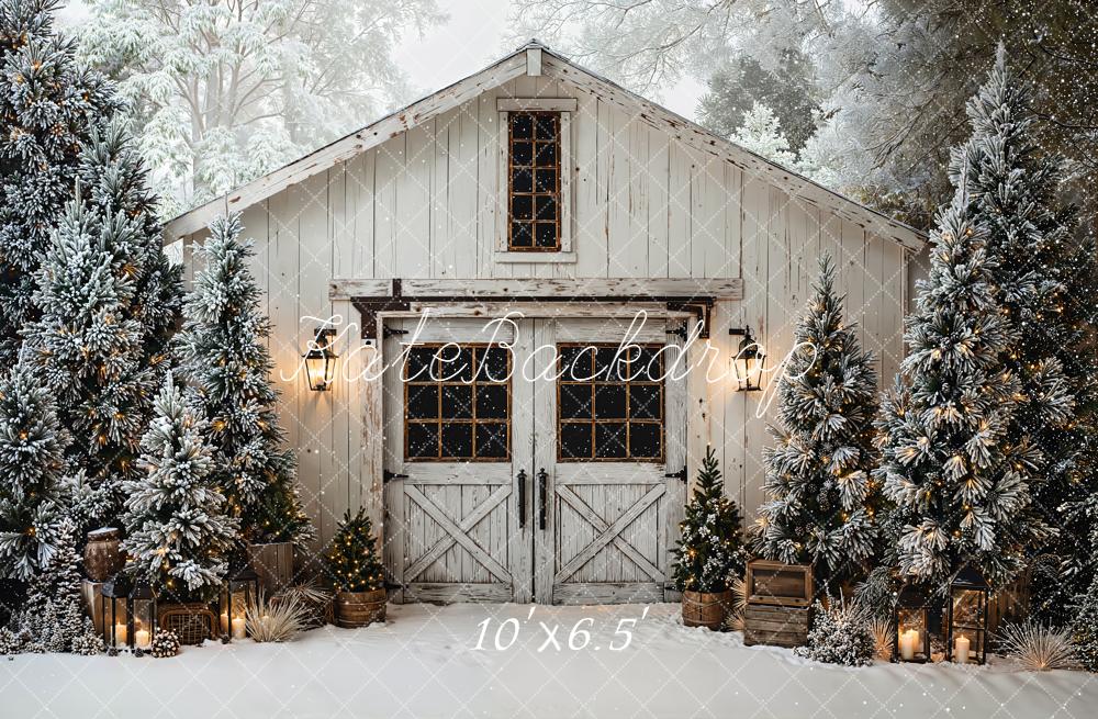 Kate Winter Cabin Snow Christmas Trees Backdrop Designed by Emetselch