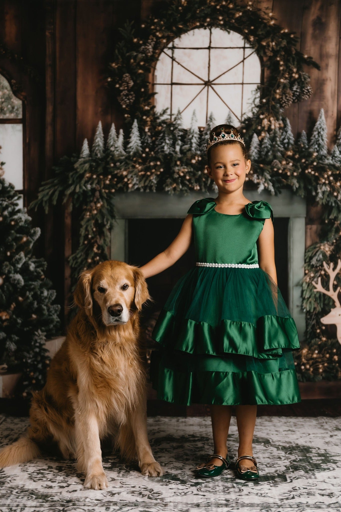 Kate Christmas Tree Wood Fireplace Wreath Deer Backdrop Designed by Emetselch -UK