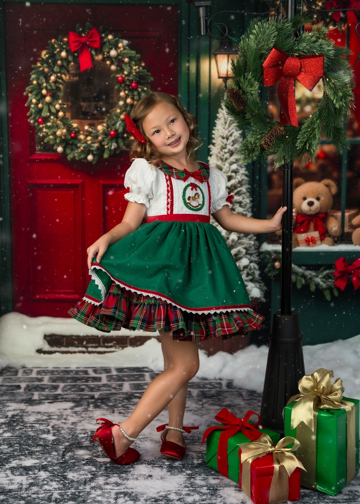 On Sale Kate Christmas Toy Shop Backdrop Snow Green Designed by Emetselch -UK