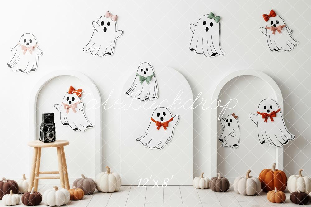 Kate Halloween Cute Ghosts Pumpkins White Backdrop Designed by Patty Robert