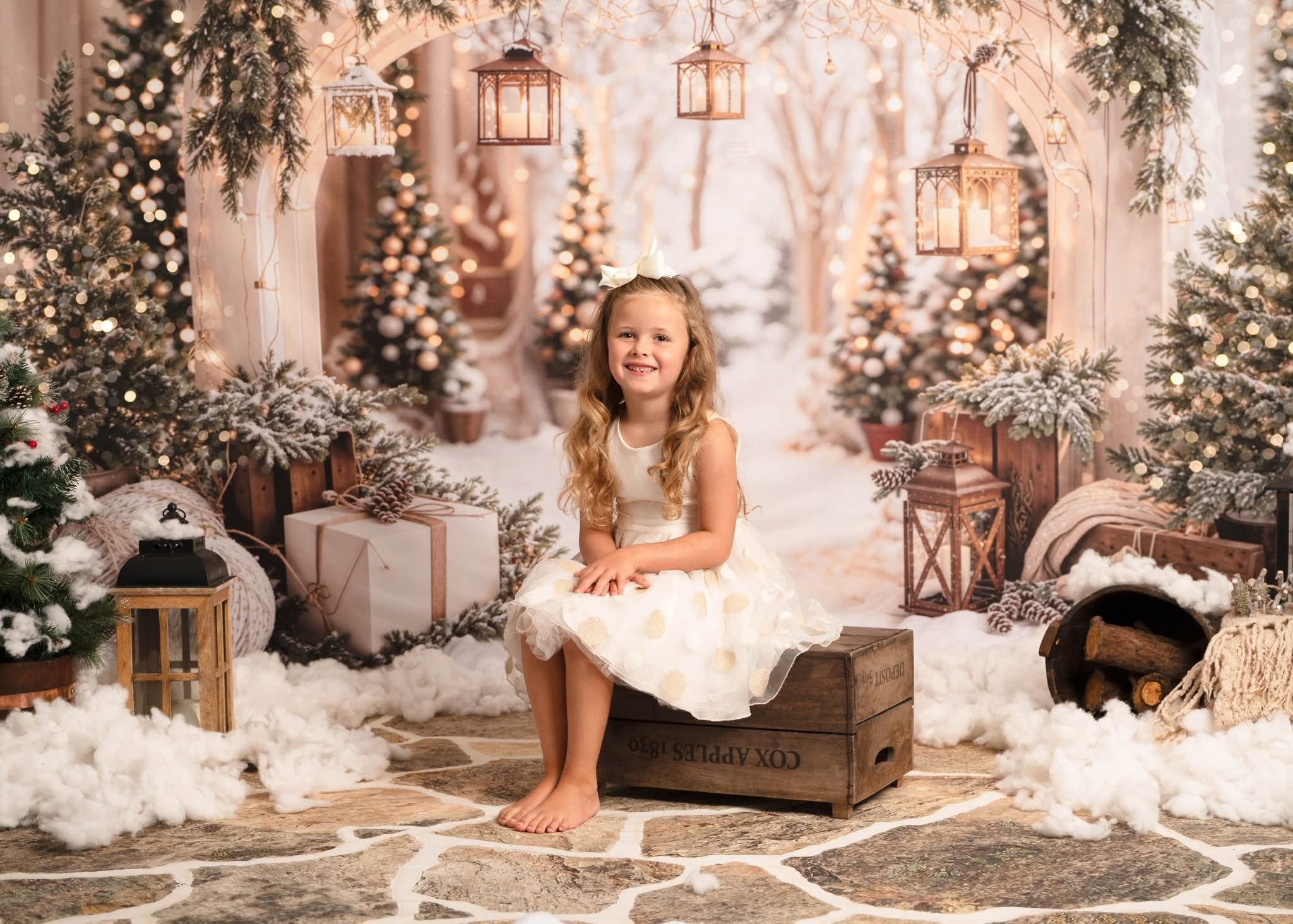 Kate Christmas Arch Garland Snow Trees Backdrop+Winter Stone Floor Backdrop -UK