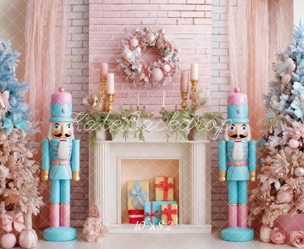 Kate Christmas Nutcracker Fireplace Pink Trees Backdrop Designed by Patty Robert -UK