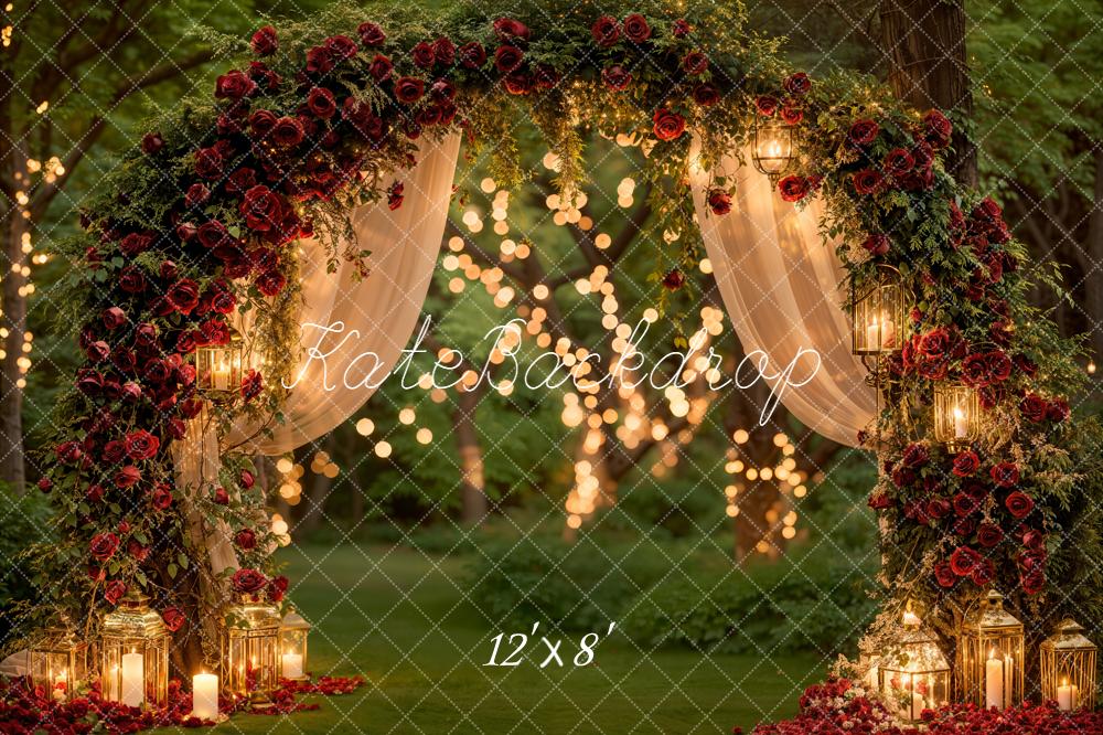 Kate Valentine Roses Arch Fairy Lights Forest Backdrop Designed by Emetselch