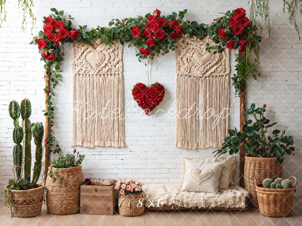 Kate Boho Macrame Red Roses White Brick Backdrop Designed by Emetselch -UK