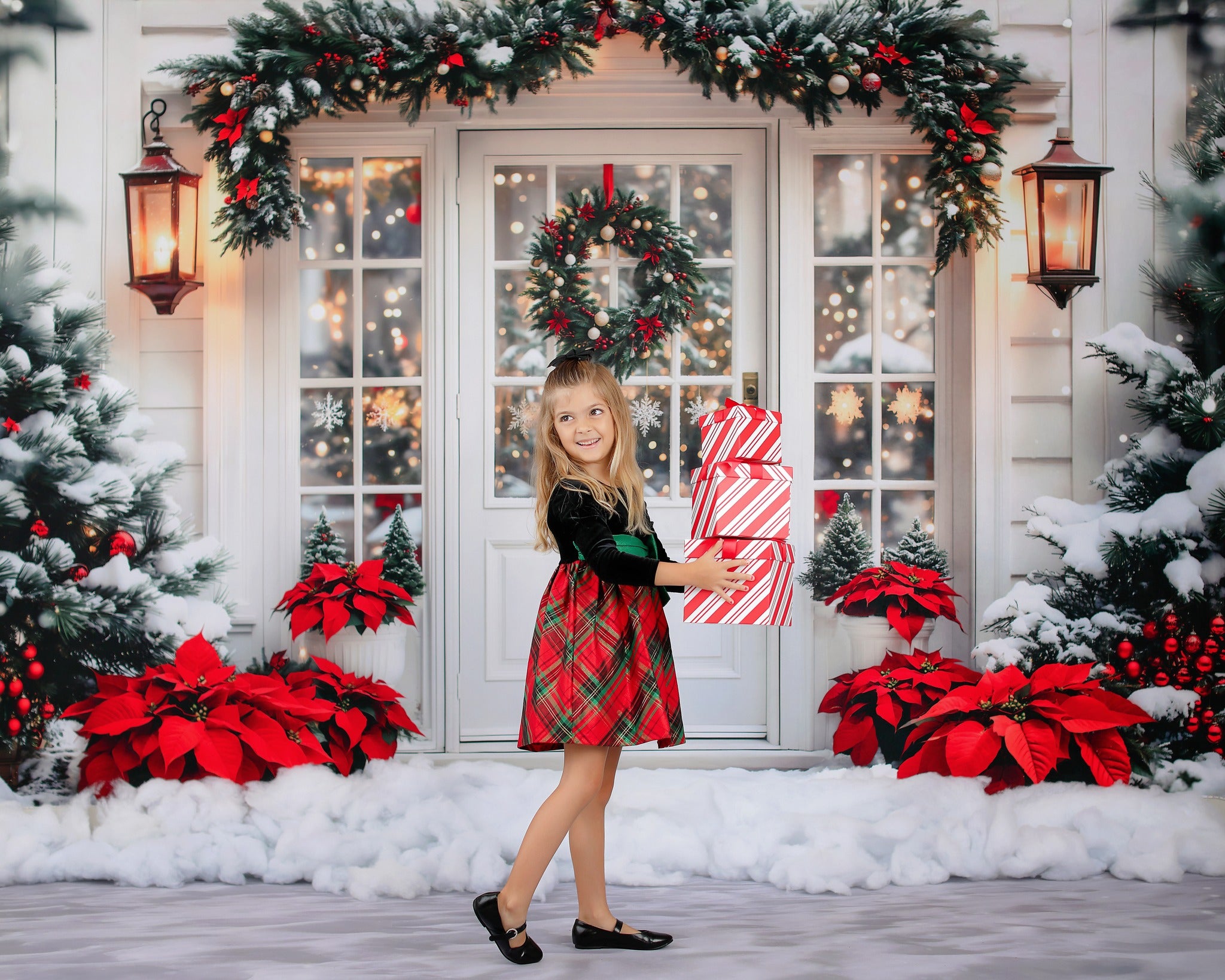Kate Christmas Tree White Door Wreath Snow Backdrop Designed by Emetselch