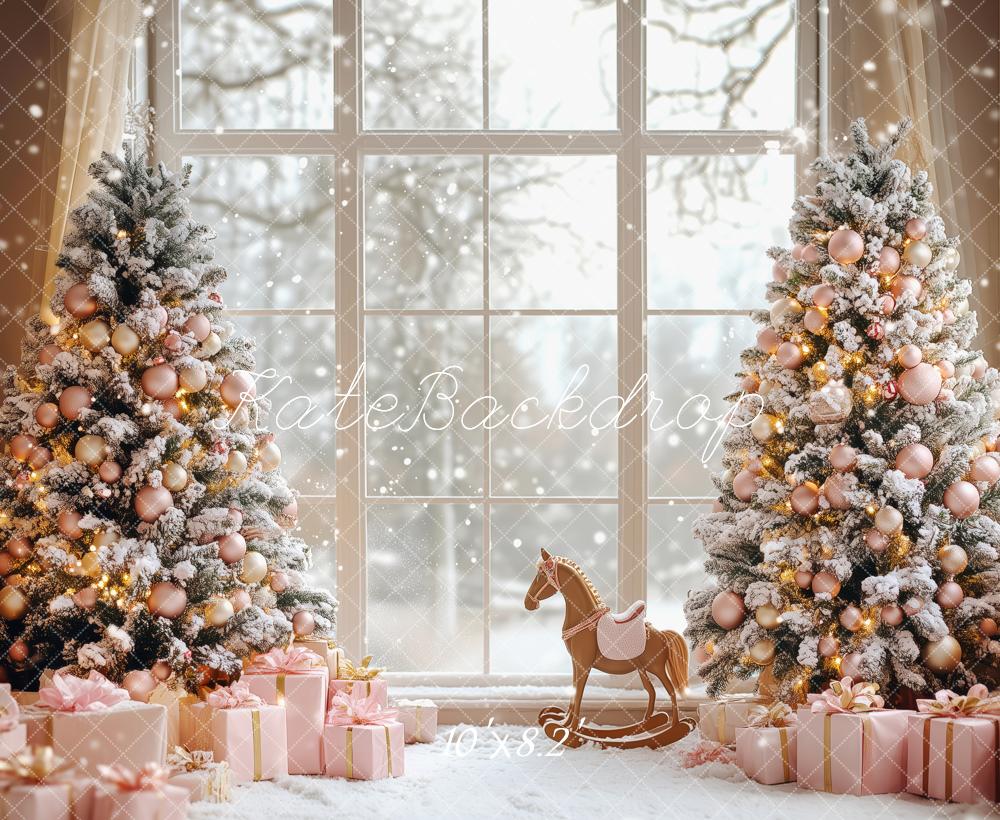 Kate Christmas Snowy Trees Pink Gifts Window Backdrop Designed by Patty Robert -UK