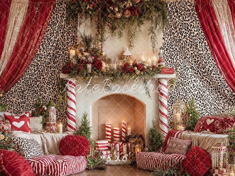 Kate Christmas Fireplace Red Leopard Curtains Backdrop Designed by Emetselch