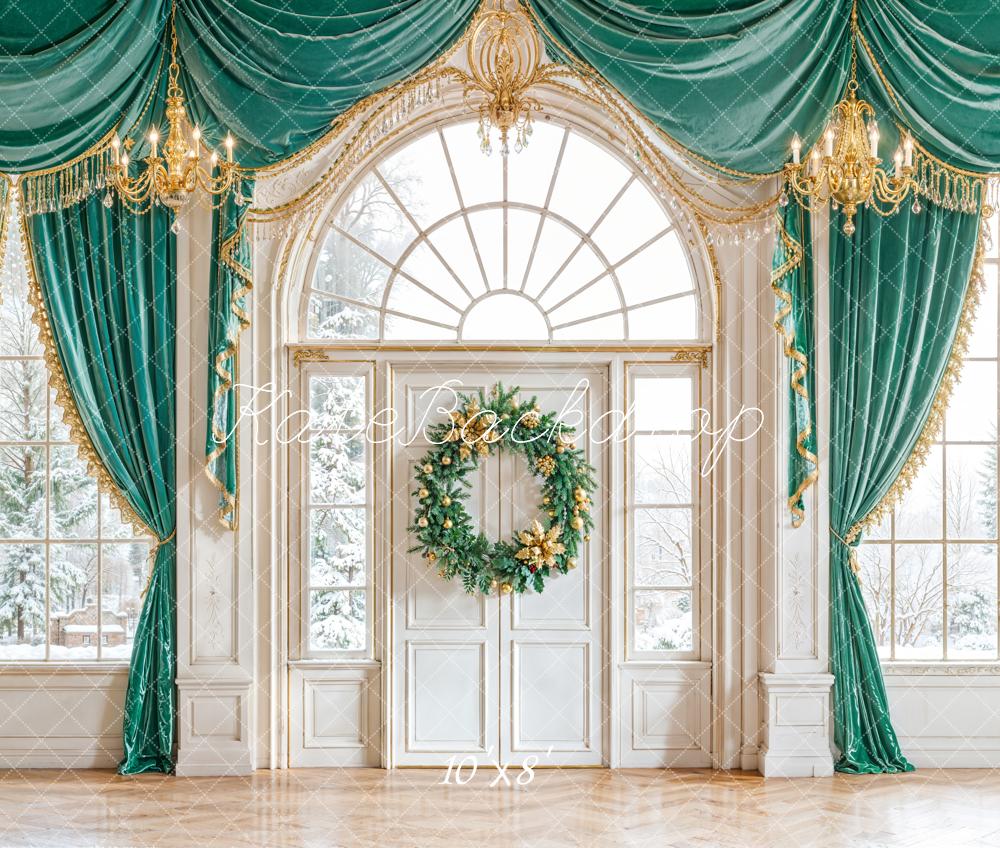 Kate Christmas Green Drape Wreath Window Fleece Backdrop Designed by Emetselch -UK