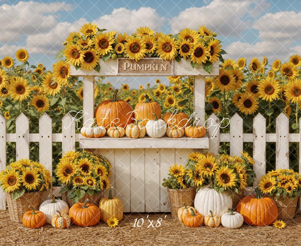 Kate Autumn Sunflowers Pumpkin Fence Fleece Backdrop Designed by Emetselch -UK
