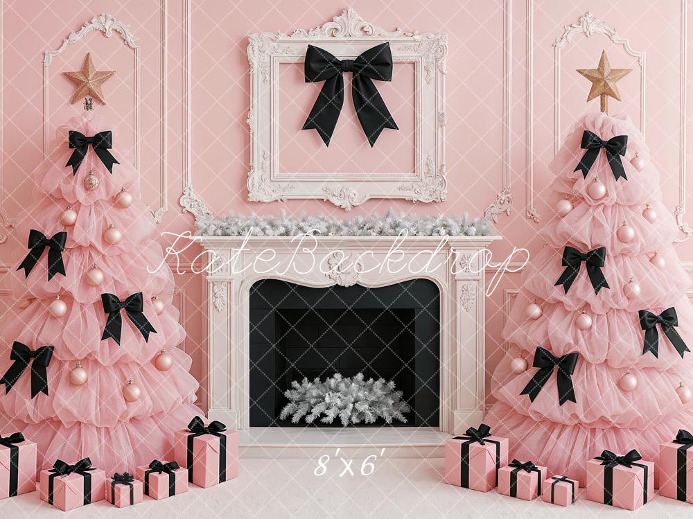 Kate Christmas Pink Trees Black Bows Fireplace Backdrop Designed by Ashley Paul