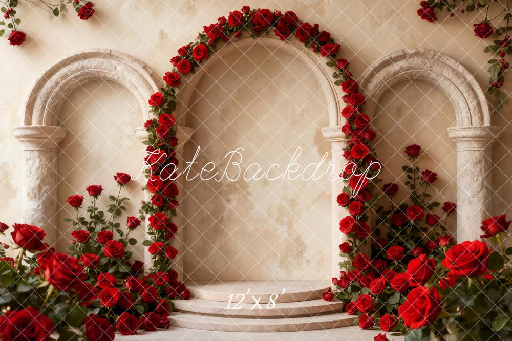 Kate Flower Arch Red Roses Columns Fleece Backdrop Designed by Emetselch -UK