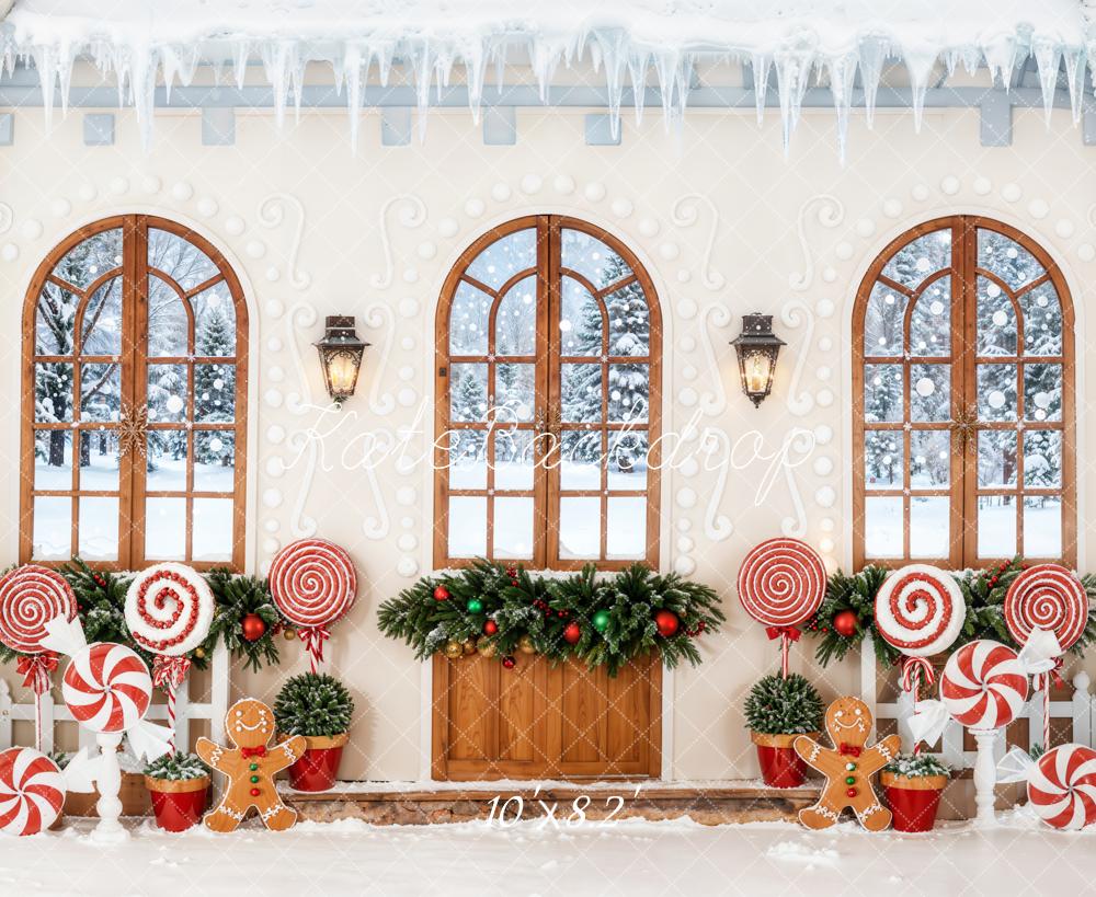 Kate Christmas Gingerbread Windows Candy Canes Backdrop Designed by Emetselch